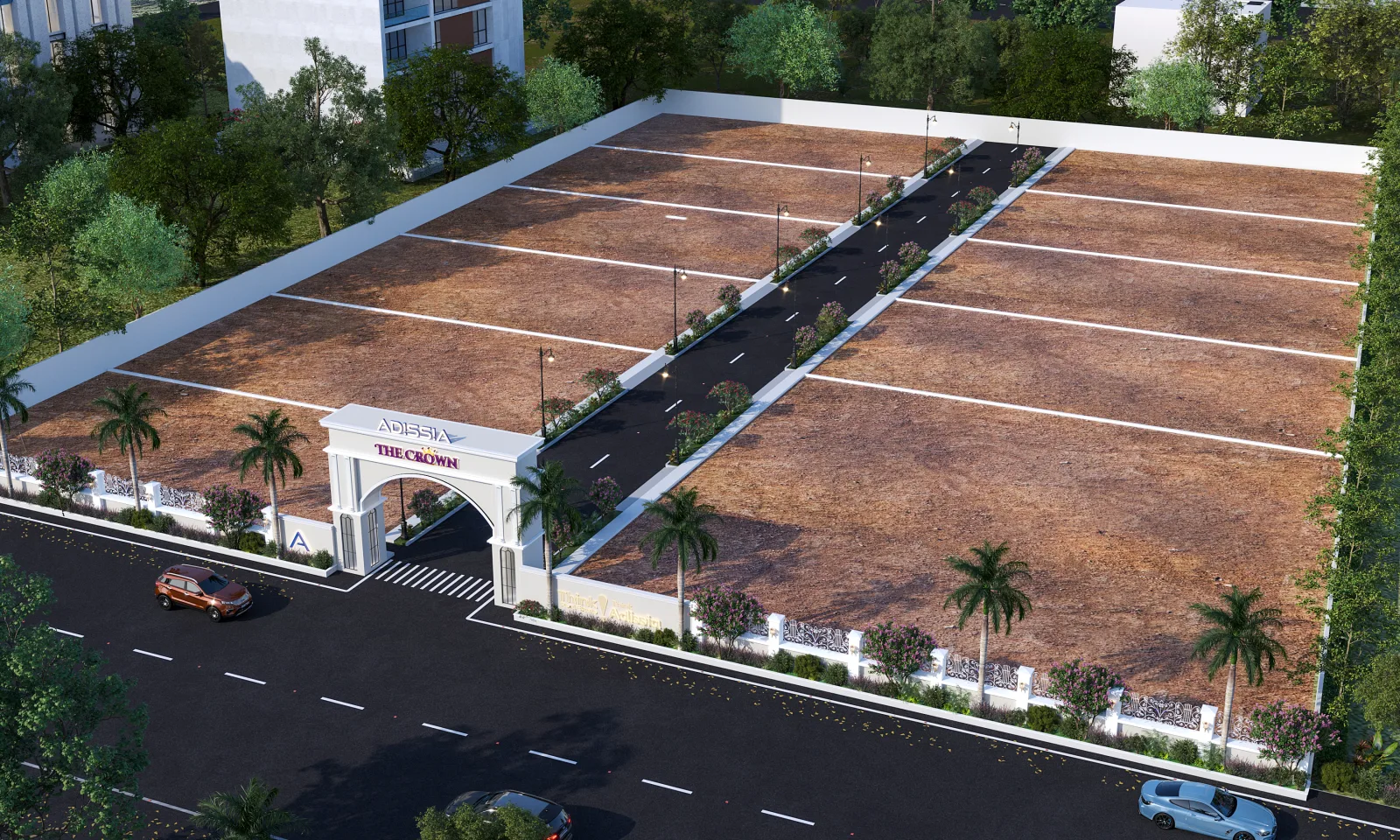 The Crown, Neelambur - aerial view of the plotted layout in daylight