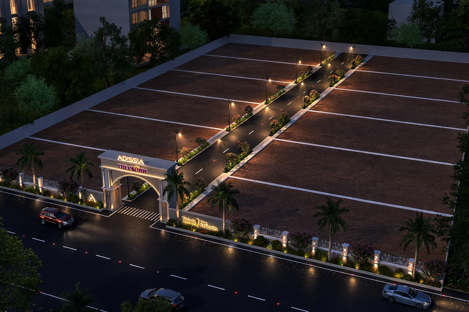 The Crown - illuminated aerial view of the internal roads at night