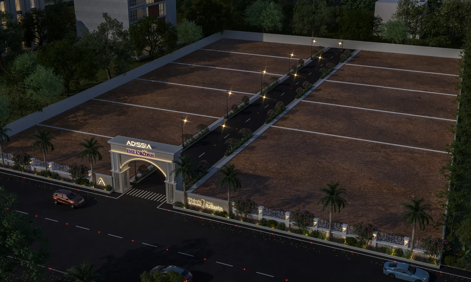 The Crown, Neelambur - aerial view at dusk with the layout lit up