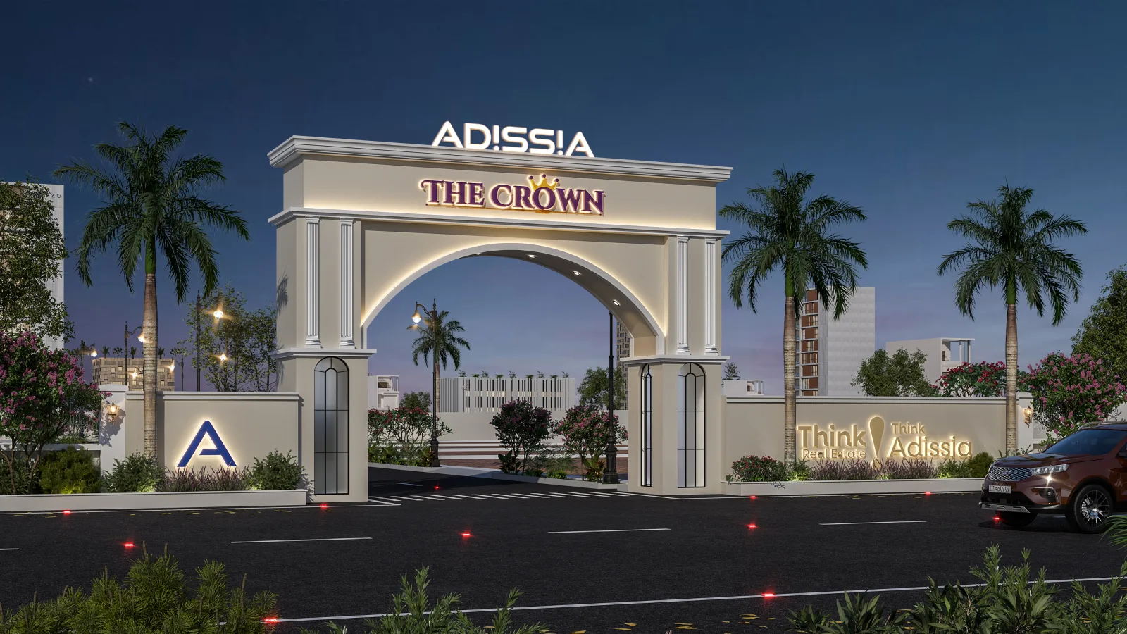 The Crown entrance arch illuminated at night