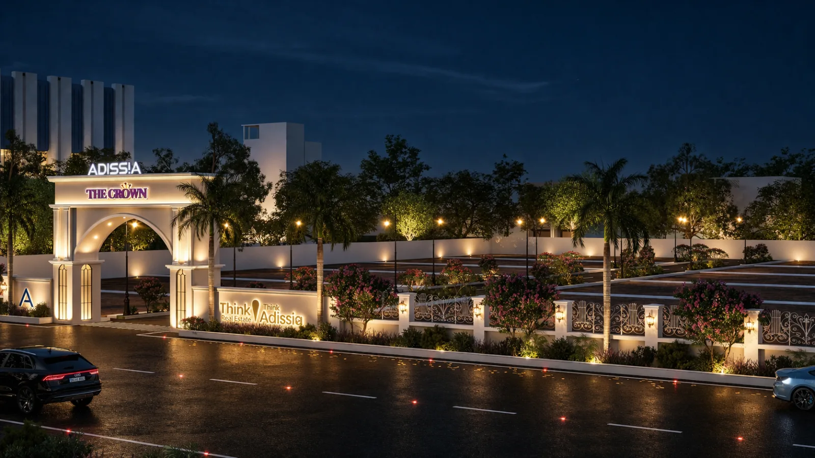 The Crown - night view of the entrance and compound lighting