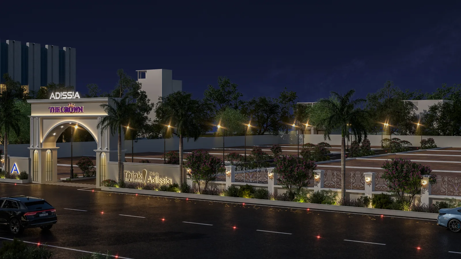 The Crown - street view at night with landscape lighting