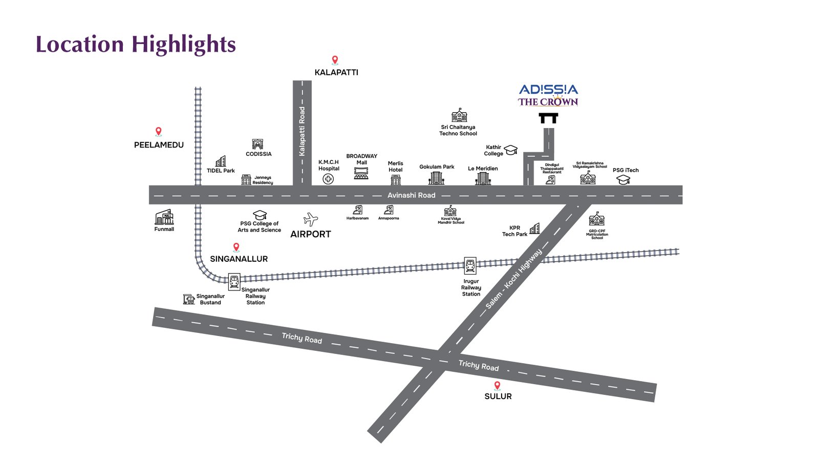 The Crown, Neelambur - location map with distances to the airport, IT parks and city landmarks